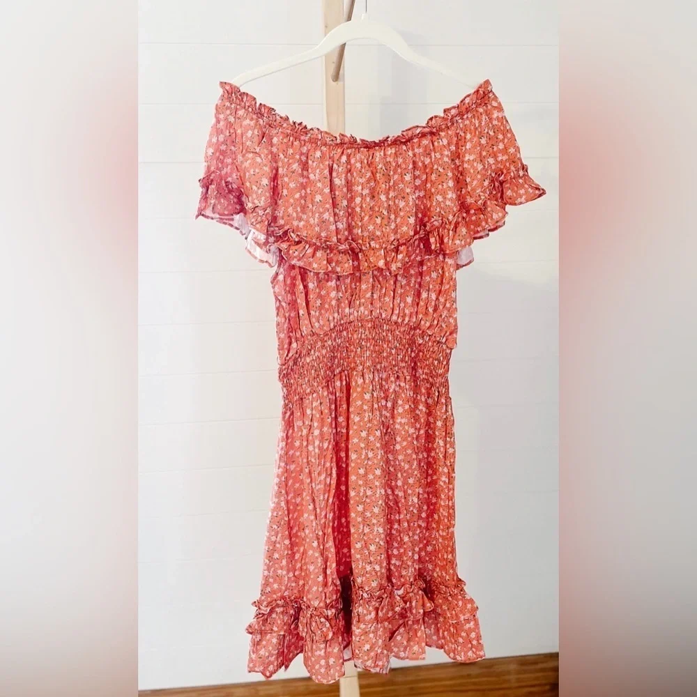 Kori‎ Floral Off Shoulder Flounce Dress Coral